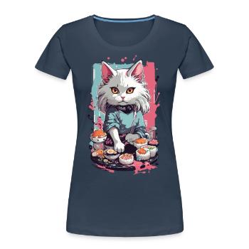 Chat Sushi Master Pastel Lover Design - T-shirt bio Premium Femme - bleu marine - Devant - Mia (176cm)