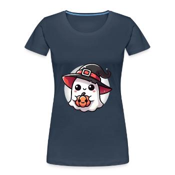 Fantôme d’Halloween mignon avec chapeau de sorcière - T-shirt bio Premium Femme - bleu marine - Devant - Mia (176cm)