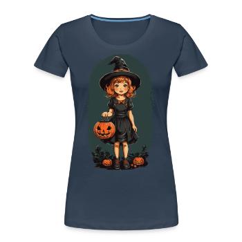 Vintage Halloween Hexe Kürbis Retro Design - Frauen Premium Bio T-Shirt - Navy - Vorne - Mia (176cm)