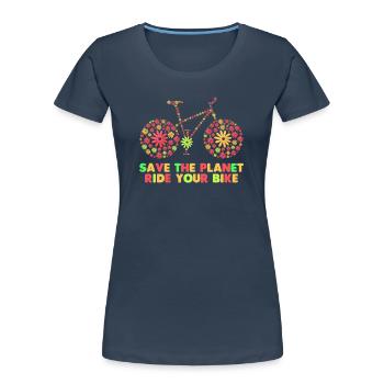 Vélo Fleurs Années 70 - T-shirt bio Premium Femme - bleu marine - Devant - Mia (176cm)