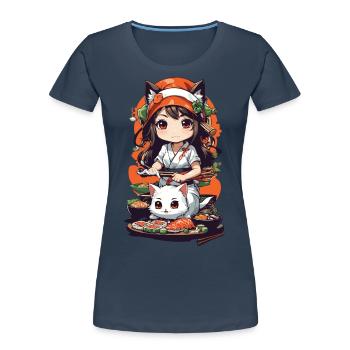 Kawaii Anime Sushi Kemomimi Master with Cat - Women's Premium Organic T-Shirt - navy - Front - Mia (176cm)