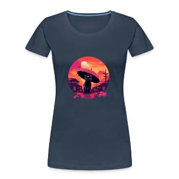Synthwave japan Cat with umbrella - Frauen Premium Bio T-Shirt - Navy - Vorne - Mia (176cm)