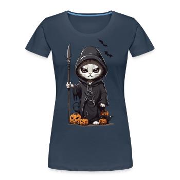 Niedliches Sensenmann Katzen Halloween Design - Frauen Premium Bio T-Shirt - Navy - Vorne - Mia (176cm)