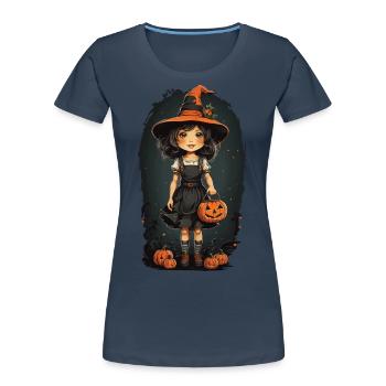 Halloween Hexe Vintage Retro mit Kürbissen - Frauen Premium Bio T-Shirt - Navy - Vorne - Mia (176cm)