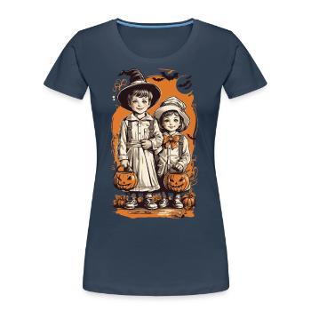 Kids Halloween Trick or Treat Retro Illustration - Women's Premium Organic T-Shirt - navy - Front - Mia (176cm)