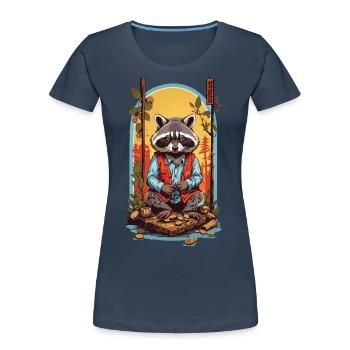 Waschbär Glück Japan Retro Kanji Design Stil - Frauen Premium Bio T-Shirt - Navy - Vorne - Mia (176cm)