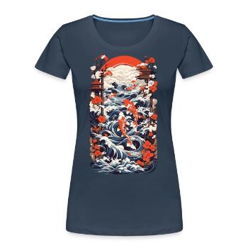 Japan Koi Retro Art Fisch Design Ukiyo-E Stil - Frauen Premium Bio T-Shirt - Navy - Vorne - Mia (176cm)