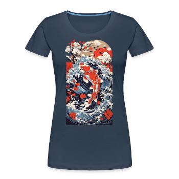 Koi japonais Ukiyo-e Poissons et eau Japon - T-shirt bio Premium Femme - bleu marine - Devant - Mia (176cm)