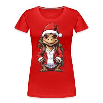 Dinosaure à Noël Père Noël Dino - T-shirt bio Premium Femme - bleu marine - Devant - Mia (176cm)