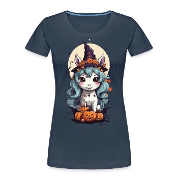 Magisches Hexen Pony süßes Halloween Design - Frauen Premium Bio T-Shirt - Navy - Vorne - Mia (176cm)