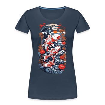 Koi Karpfen mit Wasserblumen Ukiyo-E Kunststil - Frauen Premium Bio T-Shirt - Navy - Vorne - Mia (176cm)