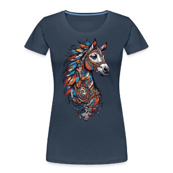 Spirituelles Pferde Federschmuck Pferd Design - Frauen Premium Bio T-Shirt - Navy - Vorne - Mia (176cm)