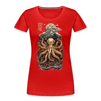 Ukiyo-E Octopus Sea du Japon et pêcheur - T-shirt bio Premium Femme - bleu marine - Devant - Mia (176cm)