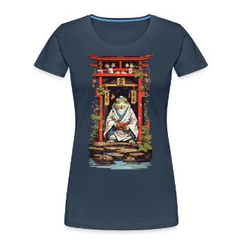 Fantasie Frosch im Tempel Japan Retro Design - Frauen Premium Bio T-Shirt - Navy - Vorne - Mia (176cm)