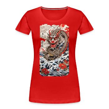 Japanischer Drache Retro Ukiyo-E Poster Streetwear - Frauen Premium Bio T-Shirt - Navy - Vorne - Mia (176cm)