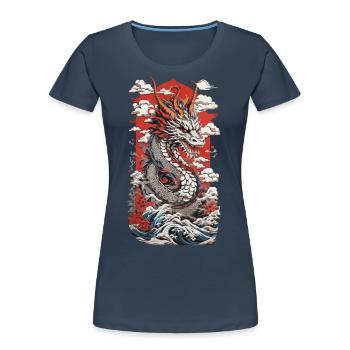 Dragon Ukiyo-E Design Streetwear Vintage Rétro - T-shirt bio Premium Femme - bleu marine - Devant - Mia (176cm)