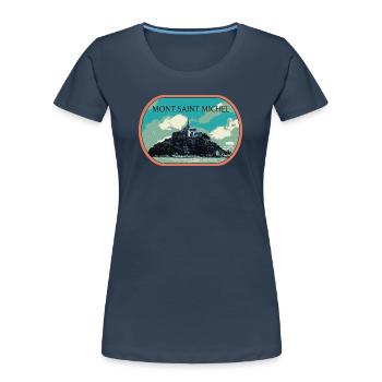 Illustration in blue and green of Mont Saint Michel - Women's Premium Organic T-Shirt - navy - Front - Mia (176cm)
