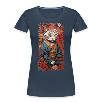 Chat japonais esthétique en kimono Ukiyo-E - T-shirt bio Premium Femme - bleu marine - Devant - Mia (176cm)