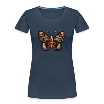 Colorful Butterfly in Embroidery Style – Boho Patc - Women's Premium Organic T-Shirt - navy - Front - Mia (176cm)