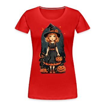 Retro Halloween Hexe Kürbis Mädchen Design - Frauen Premium Bio T-Shirt - Navy - Vorne - Mia (176cm)