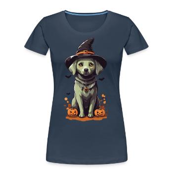 Sorcières de minuit Chien mignon Halloween Pet - T-shirt bio Premium Femme - bleu marine - Devant - Mia (176cm)