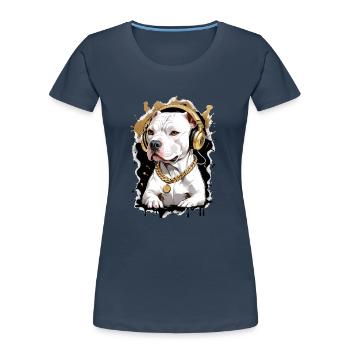Chien bouledogue avec écouteurs - T-shirt bio Premium Femme - bleu marine - Devant - Mia (176cm)