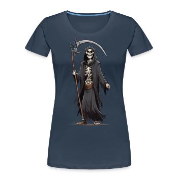 Dessin animé Grim Reaper Halloween squelette d’os - T-shirt bio Premium Femme - bleu marine - Devant - Mia (176cm)