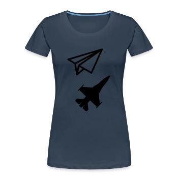 Avion en papier - Garder son âme d'enfant - T-shirt bio Premium Femme - bleu marine - Devant - Mia (176cm)