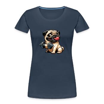 Pug at dumbbell workout: fitness fun - Women's Premium Organic T-Shirt - navy - Front - Mia (176cm)