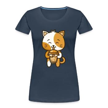Eine lustige Katze Kätzchen trinkt Boba Tea Bubble - Frauen Premium Bio T-Shirt - Navy - Vorne - Mia (176cm)