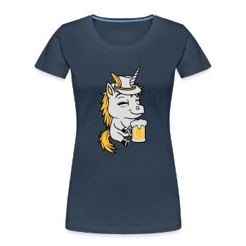 Bier trinkendes sitzendes Einhorn - Frauen Premium Bio T-Shirt - Navy - Vorne - Mia (176cm)