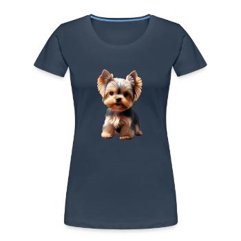 Chien - Yorkshire Terrier - T-shirt bio Premium Femme - bleu marine - Devant - Mia (176cm)