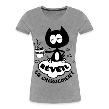 Chat avec café, réveil en chargement ! - T-shirt bio Premium Femme - bleu marine - Devant - Mia (176cm)
