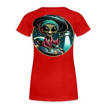 Außerirdischer Detektiv im UFO-Licht - Frauen Premium Bio T-Shirt - Rot - Hinten - Mia (176cm)