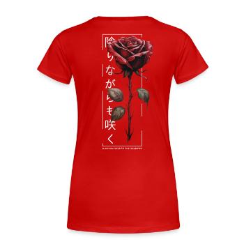 Blossom Despite The Shadow Rose Japanische Schrift - Frauen Premium Bio T-Shirt - Rot - Hinten - Mia (176cm)