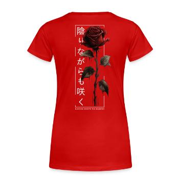 Blossom Despite The Shadow Rose Japanische Schrift - Frauen Premium Bio T-Shirt - Rot - Hinten - Mia (176cm)