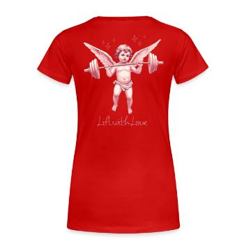 Lift with Love – Vintage Cherub Gym Sticker - Women's Premium Organic T-Shirt - red - Back - Mia (176cm)