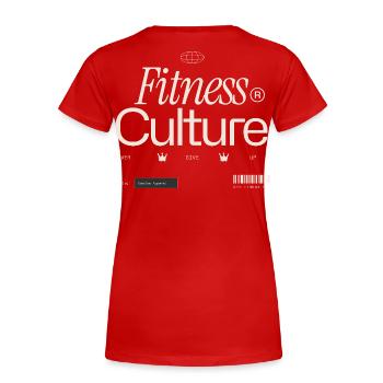 Fitness Culture Never Give Up Typo Streetwear - Frauen Premium Bio T-Shirt - Rot - Hinten - Mia (176cm)