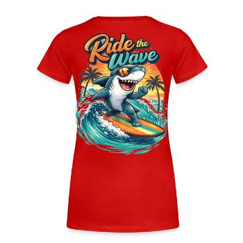 Ride the Wave: Surfer shark on a surfboard - Women's Premium Organic T-Shirt - red - Back - Mia (176cm)