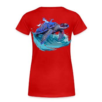 Meeresschildkröte surft auf Welle - Frauen Premium Bio T-Shirt - Rot - Hinten - Mia (176cm)