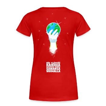Il soutient le monde - Finnois - T-shirt bio Premium Femme - rouge - Dos - Mia (176cm)