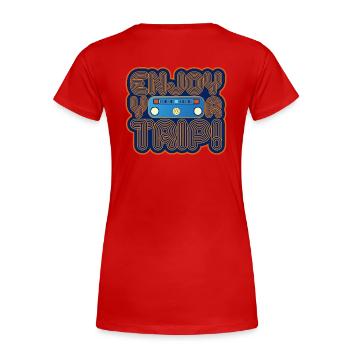 Volkswagen VW Enjoy Your Trip Schriftzug - Frauen Premium Bio T-Shirt - Rot - Hinten - Mia (176cm)