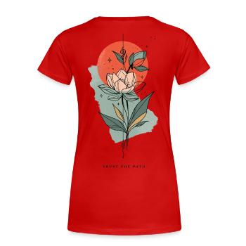 Ligne de fleurs devant le soleil rouge - T-shirt bio Premium Femme - rouge - Dos - Mia (176cm)