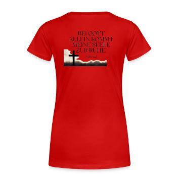 Ruhe der Seele im Kreuz - Frauen Premium Bio T-Shirt - Rot - Hinten - Mia (176cm)