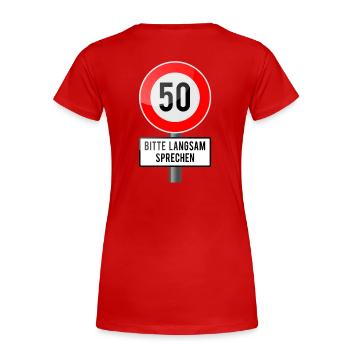 50 years shield slowly - Women's Premium Organic T-Shirt - red - Back - Mia (176cm)