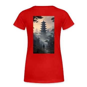 Aventure apocalyptique avec temple - T-shirt bio Premium Femme - rouge - Dos - Mia (176cm)