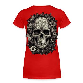 Cooler Boho Totenkopf mit Tattoos und Blumen - Frauen Premium Bio T-Shirt - Rot - Hinten - Mia (176cm)