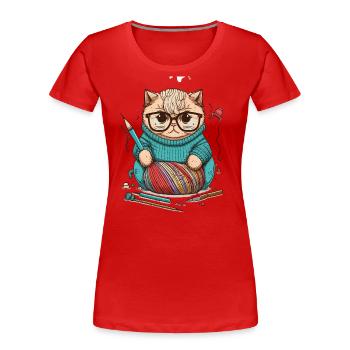 Strickende Katze - Frauen Premium Bio T-Shirt - Rot - Vorne - Mia (176cm)
