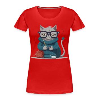 Strickende Katze - Frauen Premium Bio T-Shirt - Rot - Vorne - Mia (176cm)