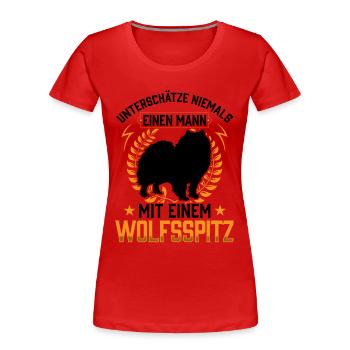 Mann mit Wolfsspitz unterschätzen Deutscher Spitz - Frauen Premium Bio T-Shirt - Rot - Vorne - Mia (176cm)